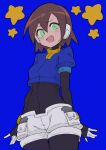  1girl absurdres aile_(mega_man_zx) black_bodysuit blue_background blush bodysuit bodysuit_under_clothes breasts brown_hair buzzlyears closed_mouth covered_navel cropped_jacket glowing glowing_eyes green_eyes highres jacket looking_at_viewer medium_breasts mega_man_(series) mega_man_zx ringed_eyes robot_ears short_hair shorts sigh simple_background solo star_(symbol) upper_body white_shorts 