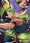  1boy aura bandana bandana_around_arm black_bandana feathered_wings green_hair green_pants haramaki holding holding_sword holding_weapon looking_at_viewer mouth_hold one_eye_closed one_piece pants roronoa_zoro scar scar_across_eye short_hair solo stnutt sword topless_male triple_wielding upper_body weapon white_wings wings 