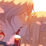  2girls artist_name blonde_hair blush brown_eyes closed_eyes commentary dungeon_meshi elf falin_touden falin_touden_(chimera) highres imminent_kiss marcille_donato multiple_girls pointy_ears setapta symbol-only_commentary tears yuri 