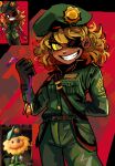  1girl absurdres beret blonde_hair colored_sclera eyepatch gloves glowing glowing_eye green_hat green_jacket green_pants grin hat highres holding jacket medal medium_hair military_uniform pants peargor personification plants_vs_zombies pocket red_background redrawn reference_inset sash smile sunflower_(plants_vs_zombies) uniform yellow_sclera 