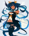  1girl bare_shoulders blue_hair borcheim dress guilty_gear guilty_gear_xrd hair_tie hairband highres looking_at_viewer nose red_eyes shorts tan twintails white_background 
