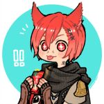  ! !! 1boy :p animal_ears black_scarf cat_ears crystal_exarch final_fantasy final_fantasy_xiv g&#039;raha_tia grey_shirt hair_ornament itowo_(itowc) jewelry male_focus necklace notice_lines pet_food red_eyes redhead scarf shirt short_hair smile solo sparkling_eyes tongue tongue_out upper_body x_hair_ornament 