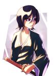  1girl absurdres black_hair black_kimono bleach hair_between_eyes highres holding holding_sheath japanese_clothes kimono kuchiki_rukia long_bangs long_sleeves looking_to_the_side parted_lips reisonant sheath sheathed short_hair solo sword upper_body violet_eyes weapon wide_sleeves 