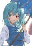  1girl blue_eyes blue_hair blue_umbrella breasts commentary_request heterochromia highres karakasa_obake long_sleeves red_eyes short_hair simple_background solo tatara_kogasa touhou umbrella upper_body white_background y_kirisame_sk 