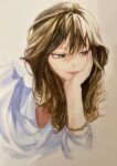  1girl bracelet brown_eyes brown_hair hair_between_eyes hand_on_own_cheek hand_on_own_face highres jewelry long_hair looking_down okomeyama original photo-referenced pink_lips shirt smile solo traditional_media white_background white_shirt 