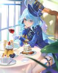  1girl absurdres ahoge arm_support ascot asymmetrical_gloves black_gloves blue_ascot blue_coat blue_eyes blue_hat blue_ribbon blueberry blush bow brooch cake chair closed_mouth coat commentary_request cowlick cup dessert drinking_glass feet_out_of_frame food fruit furina_(genshin_impact) genshin_impact gloves gold_trim hand_on_own_cheek hand_on_own_face hat hat_bow heterochromia highres holding holding_cup indoors jewelry lingdu_han long_hair long_sleeves looking_at_viewer mismatched_gloves mismatched_pupils plate ribbon shorts sitting smile solo tablecloth top_hat very_long_hair wavy_hair white_gloves white_shorts window 