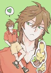  1boy black_footwear brown_hair closed_mouth collarbone collared_shirt fox frown gigantea_pp green_background green_eyes hair_between_eyes hands_in_pockets heart isoi_reiji male_focus multiple_views polo_shirt red_shirt saibou_shinkyoku shirt short_hair short_sleeves shorts simple_background spoken_heart yellow_shorts 