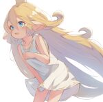  1girl blonde_hair blue_eyes charlotta_(granblue_fantasy) collarbone crown dress granblue_fantasy hair_between_eyes harvin highres long_hair mote_max open_mouth pointy_ears simple_background sleeveless sleeveless_dress solo standing teeth thighs upper_teeth_only very_long_hair white_background white_dress 