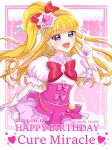  1girl asahina_mirai blonde_hair bow character_name cure_miracle dated dress earrings gloves hair_bow happy_birthday hat jewelry long_hair looking_at_viewer magical_girl mahou_girls_precure! mini_hat mini_witch_hat open_mouth pink_hat precure puffy_short_sleeves puffy_sleeves short_sleeves side_ponytail smile solo tanshi_tanshi twitter_username upper_body violet_eyes white_gloves witch_hat 
