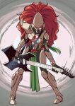  1girl armband armor artist_name asymmetrical_armor bodysuit bodysuit_under_clothes boobplate eldar electric_guitar english_commentary full_armor full_body gem green_armband guitar heavy_metal helmet highres holding holding_guitar holding_instrument holding_plectrum howling_banshee instrument leaning_forward long_hair looking_at_viewer pauldrons pelvic_curtain playing_guitar plectrum power_armor power_suit red_eyes red_gemstone redhead sarracenian science_fiction shoulder_armor signature single_pauldron solo very_long_hair warhammer_40k white_armor 
