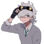  1boy adjusting_goggles bandaid bandaid_on_arm bandaid_on_face bandaid_on_nose blue_eyes fingerless_gloves gloves goggles goggles_on_head long_hair looking_at_viewer low_ponytail maco22 male_focus necktie original sleeves_rolled_up smile solo sweater upper_body white_hair 