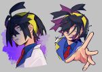 1boy 4lily black_hair blue_shirt blush collared_shirt crossed_bangs grey_background grin hair_between_eyes hair_over_one_eye hairband highres jacket kieran_(pokemon) looking_at_viewer male_focus mole mole_on_neck multiple_views parted_lips pokemon pokemon_sv purple_hair reaching reaching_towards_viewer shirt simple_background smile sweat upper_body white_jacket yellow_eyes yellow_hairband 