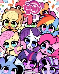  :3 absurdres animal animal_focus apple_bloom applejack aqua_eyes blonde_hair blue_eyes blue_eyeshadow blue_hair blush brucebrandon chibi chibi_only chinese_commentary commentary_request commission confetti cowboy_hat english_text everyone eyelashes eyeshadow fluttershy foal freckles green_eyes hat highres horns logo long_hair makeup multicolored_hair my_little_pony my_little_pony:_friendship_is_magic no_humans open_mouth orange_eyes pegasus pink_eyes pink_hair pinkie_pie pony_(animal) ponytail purple_hair rainbow_dash rainbow_hair rarity_(my_little_pony) redhead scootaloo simple_background single_horn smile starlight_glimmer sweetie_belle trixie_lulamoon twilight_sparkle unicorn violet_eyes white_background winged_unicorn wings 