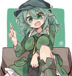  1girl boots breasts commentary flat_cap green_background green_eyes green_hair green_skirt hat highres index_finger_raised key large_breasts looking_at_viewer minoru_minoru open_mouth pocket signature skirt solo touhou v-shaped_eyebrows yamashiro_takane 
