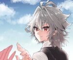  1boy 1other ahoge black_vest clouds cloudy_sky eyelashes fate/apocrypha fate_(series) feet_out_of_frame grey_hair hair_between_eyes hand_up haoro light_blush light_smile male_focus medium_hair reaching red_eyes shirt sieg_(fate) sky smile vest white_shirt 