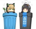  2girls animal_ear_headphones animal_ears arrow_(symbol) black_gloves black_hair blue_archive blunt_bangs cat_ear_headphones cat_tail commentary_request crossover fake_animal_ears fake_tail flying_sweatdrops girls_frontline gloves green_eyes hair_between_eyes hairband halo headphones in_trash_can leaf leaf_on_head light_brown_hair long_hair looking_at_another miyu_(blue_archive) multiple_girls ouga_(user_ctzw2237) peeking_out rabbit_ears recycle_bin recycling_symbol red_eyes sidelocks simple_background tail tmp_(girls&#039;_frontline) trash_can white_background 