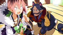  2boys animal_ears black_hair blue_eyes brown_hair cat_boy cat_ears demon_boy disgaea facial_hair fingernails fur_trim hair_between_eyes harada_takehito highres makai_senki_disgaea_7 male_focus multicolored_hair multiple_boys mustache official_art opener_(disgaea) pants pink_hair pointy_ears red_eyes sharp_teeth socks surprised teeth upper_teeth_only white_socks wide_sleeves yeyasu_(disgaea) 