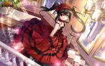  1girl 300_heroes bare_shoulders black_hair breasts ceiling_light clock_eyes date_a_live detached_sleeves dress dutch_angle frilled_dress frills hairband heterochromia indoors lolita_fashion lolita_hairband looking_at_viewer official_art plant red_dress red_eyes roman_numeral smile solo stairs symbol-shaped_pupils third-party_source tokisaki_kurumi twintails yellow_eyes 