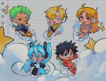  2girls 3boys absurdres black_footwear black_gloves black_hair black_shorts blonde_hair blue_eyes blue_gloves boots chibi clouds crossover curly_eyebrows gloves green_hair grey_jacket hair_over_one_eye hatsune_miku headphones highres jacket lined_paper long_hair looking_at_viewer monkey_d._luffy multiple_boys multiple_girls nami_(one_piece) one_eye_closed one_piece open_clothes open_jacket open_mouth orange_hair pink_footwear red_footwear red_gloves roronoa_zoro sainttufa sanji_(one_piece) scar scar_across_eye shirt short_hair short_sleeves shorts shoulder_tattoo sparkle star_(symbol) tattoo twintails very_long_hair vocaloid yellow_shirt 