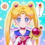  1girl bishoujo_senshi_sailor_moon blonde_hair blue_background blue_eyes blue_sailor_collar bow choker circlet closed_mouth collarbone crescent crescent_choker crescent_earrings crystal_star_(sailor_moon) cutie_moon_rod dot_nose double_bun drawn_crown earrings gloves hair_bun hair_ornament hairpin highres holding holding_wand jewelry long_hair magical_girl parted_bangs pointed_crown red_bow red_choker sailor_collar sailor_moon smile solo sparkle starry_background ten_(uzk_mooon) tsukino_usagi twintails upper_body wand white_gloves 