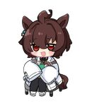  1girl :d agnes_tachyon_(umamusume) ahoge animal_ears black_pantyhose black_shirt blush_stickers brown_hair chibi collared_shirt commentary full_body hair_between_eyes hair_intakes highres horse_ears horse_girl horse_tail lab_coat long_sleeves looking_at_viewer nozo_(hitomiz) open_clothes pantyhose red_eyes shirt shoes simple_background sitting sleeves_past_fingers sleeves_past_wrists smile solo sweater_vest tail umamusume white_background white_footwear 