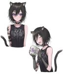  1girl :d animal_ear_fluff animal_ears arm_strap arm_tattoo black_hair cat_ears cat_tail choker coffee_mug cup earrings fingerless_gloves gloves highres holding holding_cup jewelry looking_at_viewer messy_hair mug nail_polish necklace original otyappa078 punk short_hair sleeveless smile spiked_choker spikes tail tattoo violet_eyes white_background 