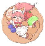  1girl animal_ears animal_hands anko_omotimoti apron bell blush cat_hair_ornament cat_paws chibi closed_eyes cushion fang fate/grand_order fate_(series) fox_ears fox_girl fox_tail gloves hair_ornament highres long_hair lying on_back open_mouth paw_gloves pink_hair simple_background sleeping smile solo tail tamamo_(fate) tamamo_cat_(fate) white_background zzz 