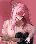  1girl absurdres aqua_eyes bocchi_the_rock! commentary_request cross-shaped_pupils cube_hair_ornament gotoh_hitori guitar hair_ornament head_tilt highres holding holding_instrument instrument jacket kamu_(stead06y) long_hair long_sleeves looking_at_viewer music one_eye_closed open_mouth pink_background pink_hair pink_jacket pink_theme playing_instrument simple_background smile solo sweatdrop symbol-shaped_pupils upper_body 