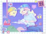  2girls ?_block blonde_hair blue_eyes blue_pants clouds collared_shirt earrings hair_over_one_eye hammer hard_hat helmet highres holding holding_paper jewelry long_hair looking_at_another luma_(mario) multiple_girls nat0rii pants paper rosalina shirt sitting sprite star_(symbol) star_earrings super_mario_bros. super_mario_maker_2 toadette 