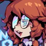  1girl aurora_(league_of_legends) blue_eyes close-up closed_mouth freckles glasses hair_between_eyes league_of_legends meme open_mouth orange_hair phantom_ix_row portrait round_eyewear sidelocks solo teeth upper_teeth_only 
