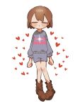  1other blue_shorts blue_sweater blush_stickers boots closed_eyes closed_mouth frisk_(undertale) heart highres shorts sparkle sweater tadeno undertale white_background 