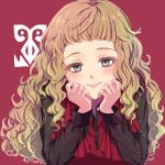  1girl 24mbb brown_hair curly_hair dress gnosia grey_eyes hair_between_eyes kukrushka_(gnosia) long_hair long_sleeves looking_at_viewer red_dress shirt short_hair simple_background solo upper_body wavy_hair 