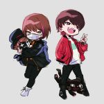  2boys absurdres black_pants bright_pupils brown_hair cat character_request colored_tips commentary_request creature deformed fang full_body grey_background hand_in_pocket hand_up hands_up highres holding jacket jiz_(pffbq) kiyo_(youtuber) male_focus mask mouth_mask multicolored_hair multiple_boys open_mouth orange_eyes pants real_life red_eyes red_jacket redhead shirt short_hair simple_background standing standing_on_one_leg surgical_mask v white_shirt 