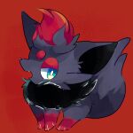  blue_eyes bright_pupils commentary_request fang fox full_body half-closed_eyes looking_at_viewer no_humans open_mouth pokemon pokemon_(creature) pokemon_focus red_background satan_(zoroa553) simple_background solo white_pupils zorua 