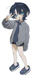  1girl :d aged_down black_shorts blue_eyes blue_footwear blue_hair blue_necktie collared_shirt crocs dark_blue_hair earclip frost_fog full_body grey_shirt hand_up highres hiodoshi_ao hololive hololive_dev_is jewelry long_sleeves looking_at_viewer mole mole_under_mouth necktie ring shirt short_hair shorts simple_background smile solo v virtual_youtuber white_background 