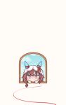  1girl animal_ears blush blush_stickers brown_hair commentary_request hair_ornament highres horse_girl peeking_out ponytail_(amya5377) portrait red_eyes simple_background sky solo still_in_love_(umamusume) string string_of_fate umamusume white_background window 