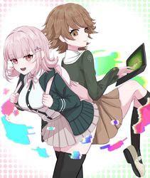  1boy 1girl :d alter_ego_(danganronpa) back-to-back black_jacket black_shirt black_thighhighs breasts brown_eyes brown_hair brown_skirt computer danganronpa:_trigger_happy_havoc danganronpa_(series) danganronpa_2:_goodbye_despair fujisaki_chihiro green_jacket highres holding holding_laptop jacket kneehighs laptop large_breasts looking_at_viewer medium_hair miniskirt multicolored_background nanami_chiaki nia_(nya_nanjr) open_clothes open_jacket pink_eyes pleated_skirt shirt shoes short_hair skirt smile socks spaceship_hair_ornament thigh-highs two-tone_shirt white_background white_shirt zettai_ryouiki 