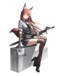  1girl absurdres animal_ear_fluff animal_ears arknights asymmetrical_legwear belt black_belt black_footwear black_skirt brown_gloves brown_hair brown_pantyhose brown_thighhighs closed_mouth collared_shirt commentary elbow_gloves floating_hair fox_ears fox_girl fox_tail franka_(arknights) gloves grey_shirt high_heels highres lanyard light_blush long_hair looking_at_viewer miniskirt pantyhose pencil_skirt sam_browne_belt sheath sheathed shirt shoes signature simple_background single_leg_pantyhose single_thighhigh sitting skirt sleeves_rolled_up smile solo split_mouth sword tail thigh-highs uneven_legwear vladislav_ton weapon white_background yellow_eyes 