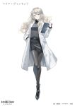  1girl belt blonde_hair blue_eyes clipboard copyright_name double_helix_blossom full_body hand_in_pocket highres holding holding_clipboard lab_coat looking_at_viewer maria_vincent official_art pantyhose pencil_skirt skirt smile solo standing swav white_background 