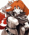  1girl armor artist_name cape earrings gloves jewelry lina_inverse long_hair looking_at_viewer miss_faves orange_hair pauldrons red_eyes redhead shoulder_armor simple_background slayers smile solo white_background 