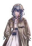  1girl absurdres alternate_costume arknights astesia_(arknights) bag belt blue_belt blue_eyes blue_hair brown_coat coat commentary dress drill_hair drill_sidelocks english_commentary feather_hair hairband hand_in_pocket handbag head_tilt highres looking_at_viewer orange_hairband parted_lips sidelocks simple_background solo upper_body white_background white_dress zhuang_yao 
