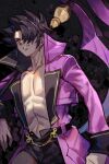  1boy black_hair coat cowboy_shot evil_grin evil_smile gordeau grin hair_over_one_eye hankuri holding holding_sickle holding_weapon male_focus no_shirt purple_coat short_hair smile spiky_hair toned toned_male under_night_in-birth under_night_in-birth_2_sys:celes violet_eyes weapon 