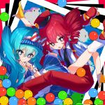  2girls 9wkmortravcefec abstract_background album_cover_redraw black_necktie blue_dress blue_eyes blue_hair closed_mouth collared_shirt corrupted_twitter_file derivative_work dress drill_hair gloves hat hatsune_miku highres kasane_teto long_hair mesmerizer_(vocaloid) multiple_girls necktie open_mouth pants pink_eyes pink_hair pink_hat pink_pants pinstripe_dress pinstripe_pattern puffy_short_sleeves puffy_sleeves shirt short_sleeves smile sparkling_eyes striped_clothes striped_shirt suspenders twin_drills twintails utau very_long_hair vocaloid yellow_gloves 