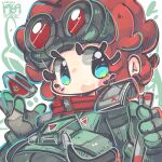  1girl absurdres animification apex_legends black_gloves blue_eyes blush breasts dated eyelashes gloves goggles goggles_on_head hair_behind_ear highres horizon_(apex_legends) jrpencil medium_breasts open_mouth redhead short_hair smile solo spacesuit 