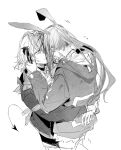  2girls amiya_(arknights) animal_ears arknights blush carrying carrying_person choker demon_tail ear_blush flying_sweatdrops greyscale haize holding_another&#039;s_horns horns hug jacket jewelry long_hair long_sleeves looking_at_another monochrome multiple_girls multiple_rings neck_blush ponytail rabbit_ears ring short_hair tail w_(arknights) yuri 