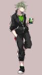  1boy absurdres alternate_costume amami_rantaro antenna_hair bishounen black_footwear black_jacket black_pants black_sleeves bracelet brown_background can collarbone collared_jacket commentary_request danganronpa_(series) danganronpa_v3:_killing_harmony ear_piercing energy_drink eyelashes fingernails full_body green_eyes green_hair green_shirt green_socks hair_between_eyes hand_in_pocket high_collar highres holding holding_can jacket jersey jewelry long_sleeves looking_ahead male_focus mi_cha_iru pants partially_unzipped piercing shirt shoes short_hair simple_background sleeves_past_elbows sneakers socks solo sportswear sweatpants zipper zipper_pull_tab 