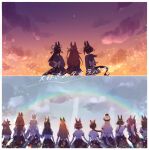  6+girls air_groove_(umamusume) animal_ears black_hair bow brown_hair brown_headwear clouds cloudy_sky daiwa_scarlet_(umamusume) el_condor_pasa_(umamusume) from_behind gold_ship_(umamusume) grey_hair hat highres holding_hands horse_ears horse_girl horse_tail jacket jupo_(nnmn_7737) king_halo_(umamusume) light_rays long_hair long_sleeves low_ponytail mayano_top_gun_(umamusume) multiple_girls multiple_views narita_brian_(umamusume) new_stars_rose_(umamusume) oguri_cap_(umamusume) outdoors ponytail purple_shirt purple_skirt rainbow red_skirt rope sailor_collar school_uniform shimenawa shirt short_hair silence_suzuka_(umamusume) skirt sky special_week_(umamusume) standing sunbeam sunlight super_creek_(umamusume) symboli_rudolf_(umamusume) tail tail_through_clothes tokai_teio_(umamusume) tracen_school_uniform twintails umamusume upper_body vodka_(umamusume) white_bow white_jacket 