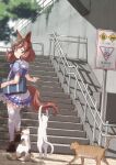  1girl animal_ears bag brown_footwear brown_hair calico cat closed_mouth day ear_covers frilled_skirt frills highres horse_ears horse_girl horse_tail looking_back medium_hair miniskirt nice_nature_(umamusume) on_stairs outdoors playing_with_another&#039;s_tail pleated_skirt puffy_short_sleeves puffy_sleeves purple_shirt railing sailor_collar satomura_kyou school_bag school_uniform shirt shoes short_sleeves sign skirt solo stairs standing tabby_cat tail thigh-highs tracen_school_uniform twintails umamusume walking white_cat white_sailor_collar white_skirt white_thighhighs 
