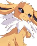 black_eyes blush closed_mouth floameya highres jolteon looking_at_viewer no_humans pokemon pokemon_(creature) simple_background sitting smile solo two-tone_fur violet_eyes white_background white_fur yellow_fur 