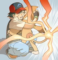  1boy ash_ketchum black_hair blue_pants commentary_request fingerless_gloves fire gloves grey_background hat highres holding holding_pokemon inbagzlzl korean_commentary male_focus monferno one_eye_closed open_mouth pants pokemon pokemon_(anime) pokemon_(creature) pokemon_dppt_(anime) red_hat shoes short_hair squatting sweatdrop teeth 